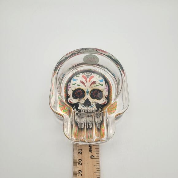 Day of the Dead Skull Glass Ashtray Iridescent Sugar Skull Décor Halloween - Picture 5 of 5